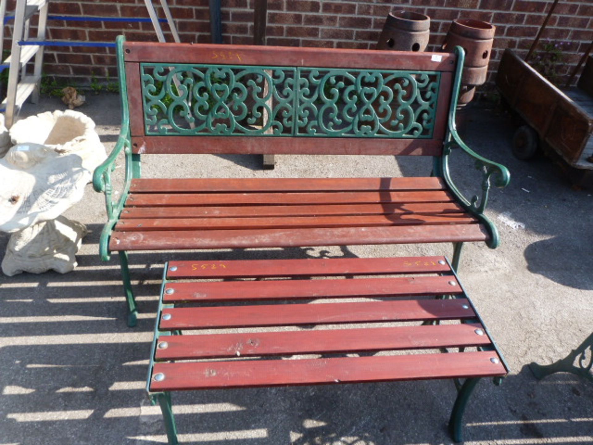 Cast Metal & Wood Slat Garden Bench with Table