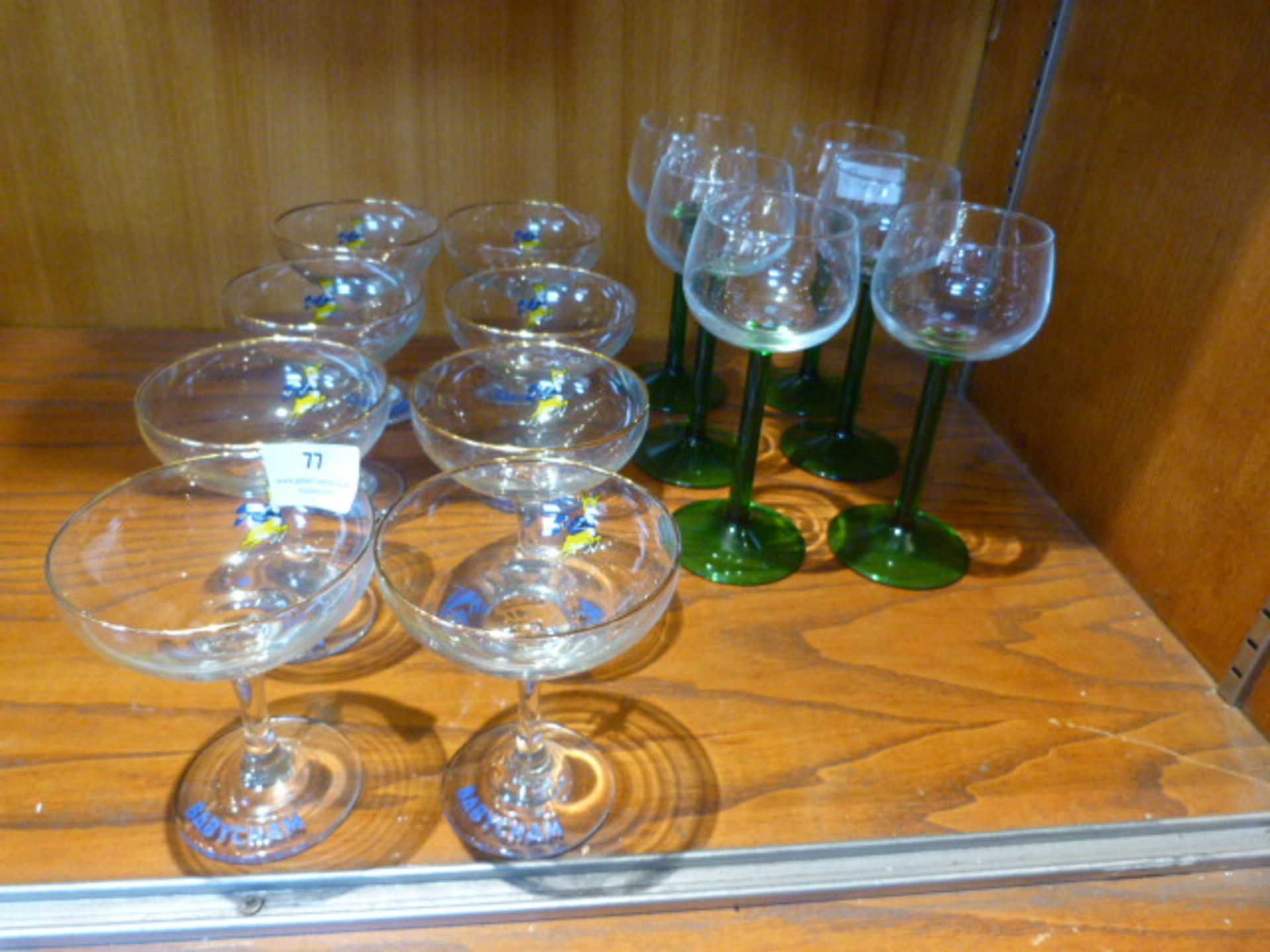 Eight Babycham Glasses and Six Green Glasses