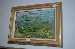 Gilt Framed Oil Painting on Board - Lilly Pads on