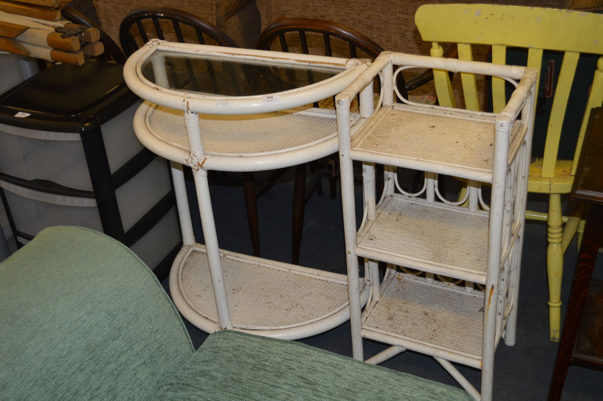 Two White Painted Cane Shelf Unit and Hall Table