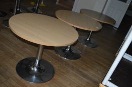 *Three Circular Simulated Oak Bistro Style Tables