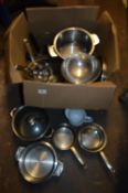 Box of Saucepans and a Colander etc.