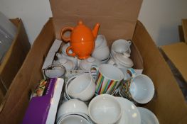 Box of Assorted Teapots, Tea Cups, etc.