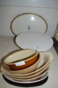 White Cake Stand Brown Serving Dishes and a Gilt E