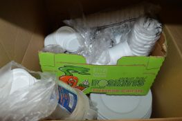 Box of Foam Cups, Dinner Plates and Plastic Jugs