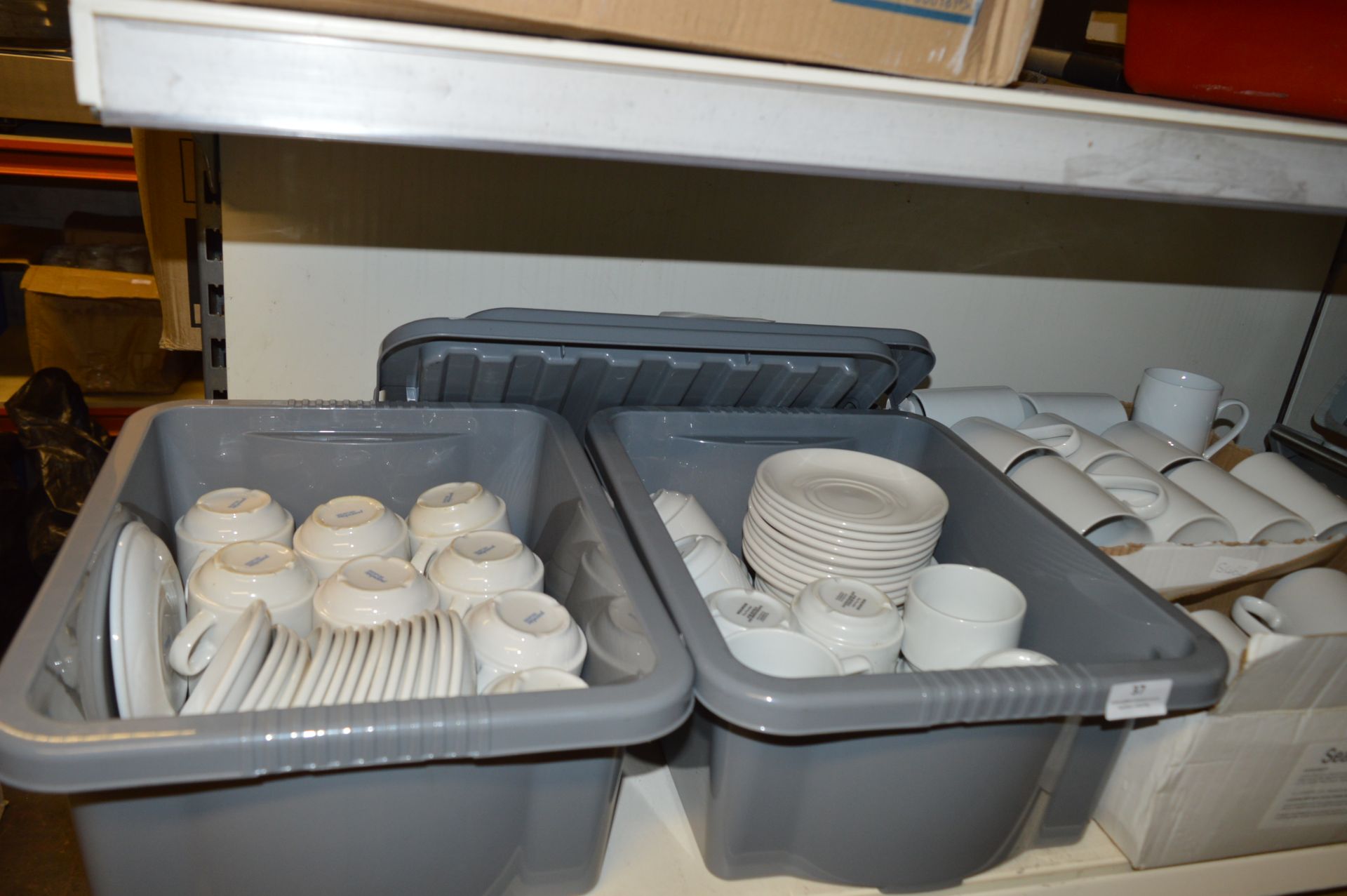 Four Boxes of White Tea Cups, Coffee Mugs and Sauc