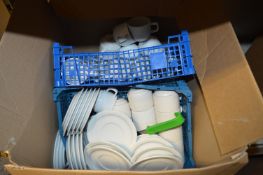 Box of White China Cups & Saucers