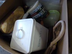 Box of Kitchenalia Including Biscuit Tins, Tins, S