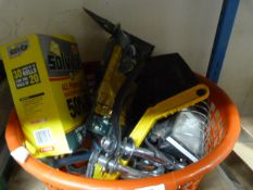 Bowl of Tools Including Taps, Work Lamp, Car Jack,