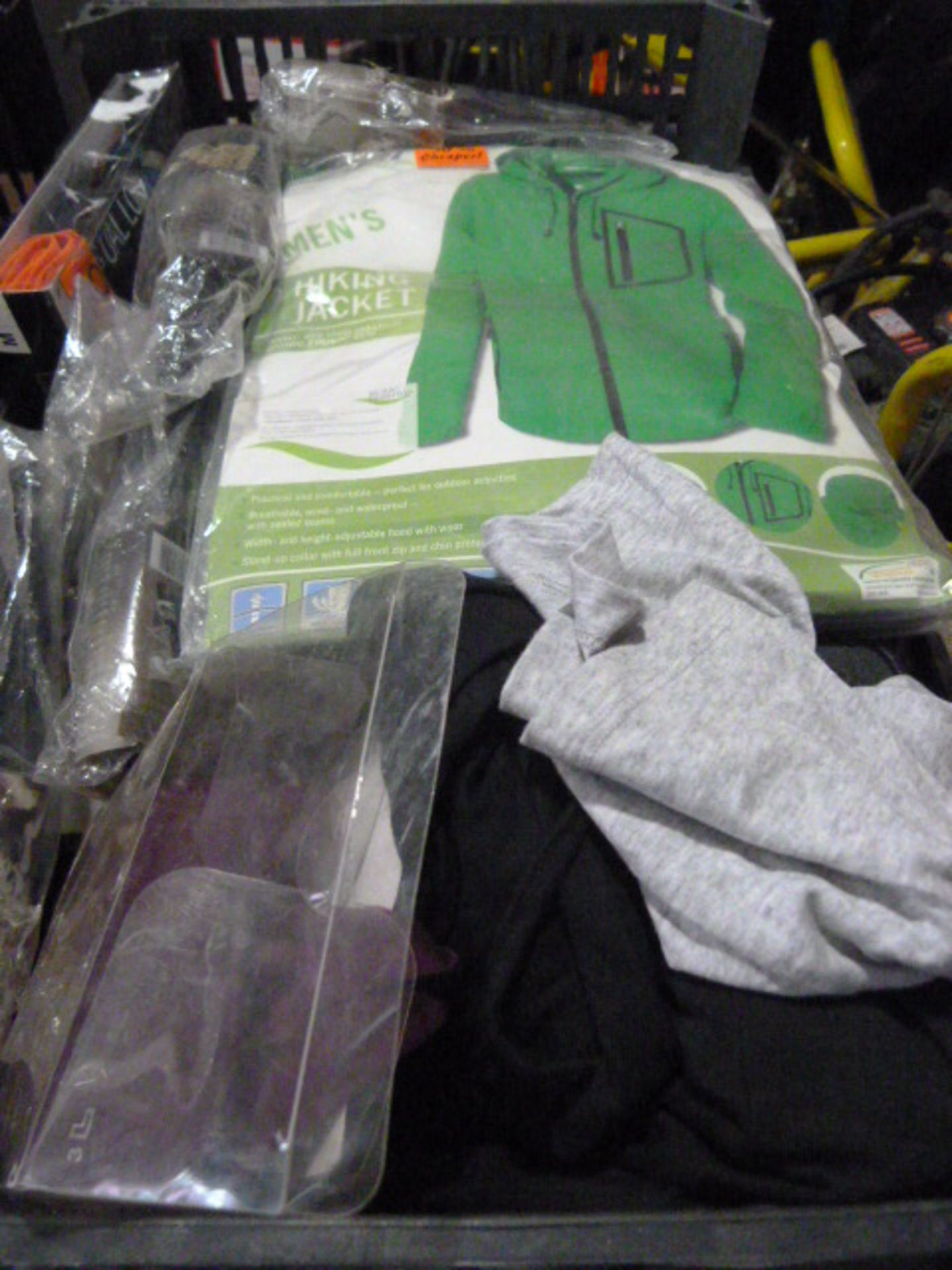 Box of Hiking Jackets, Boxer Shorts, Hair Bushes,