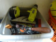 Plastic Storage Box and Contents Including Ryobi Drill, Set Squares, Hand Drill, etc.