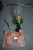 Pink Glass Dressing Table Set, Glass Oil Lamp and