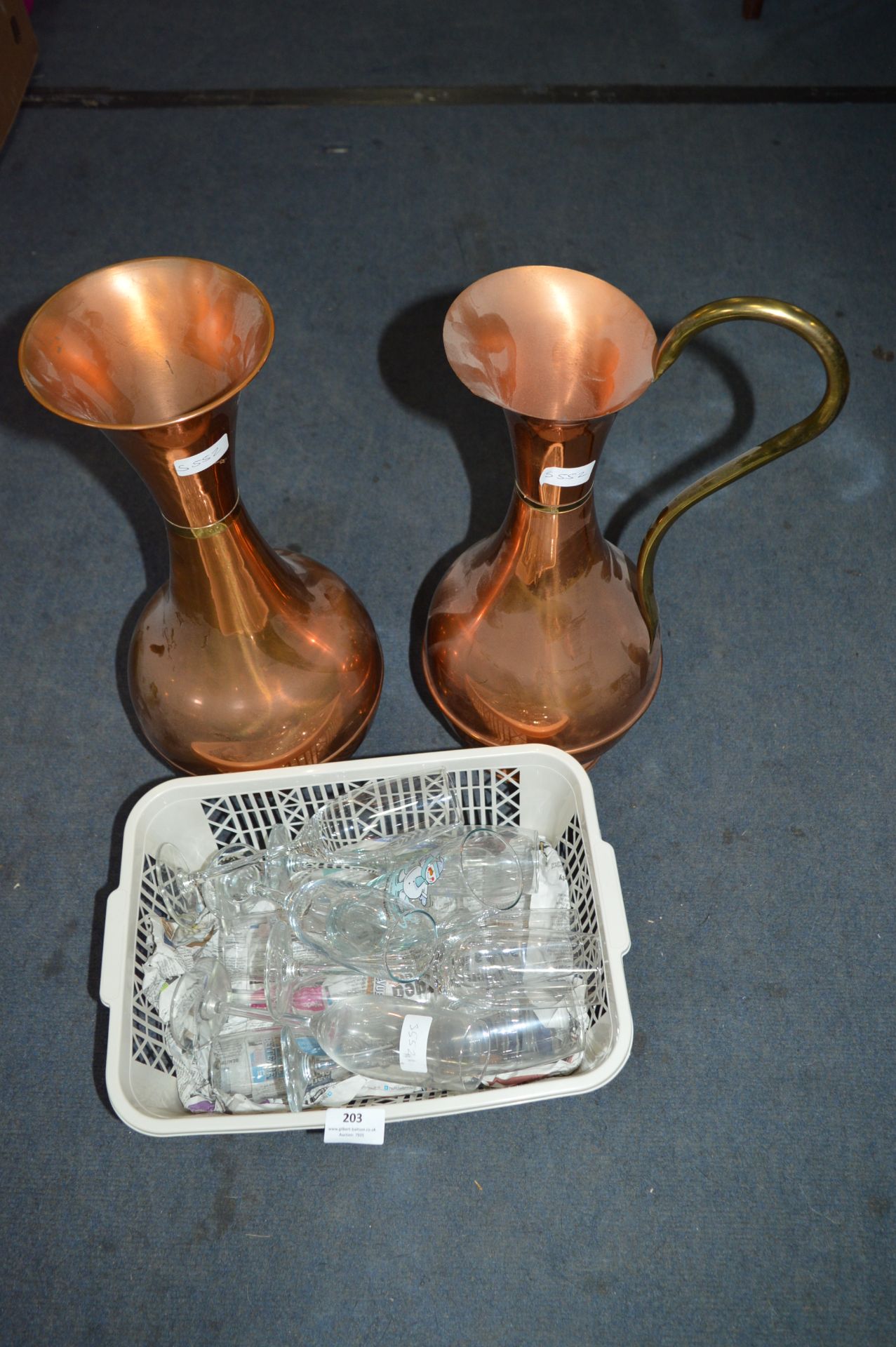 Drinking Glassware Flutes and Two Large Copper Vases