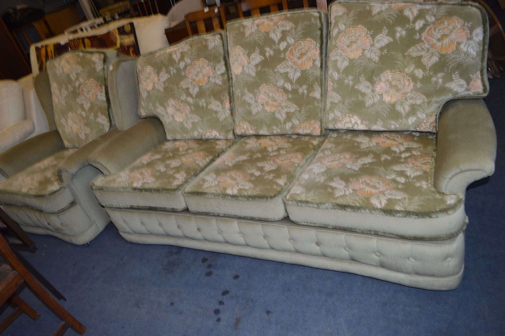 Green Floral Upholstered Three Seat Sofa and Armch