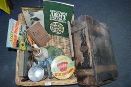 Cane Basket and Contents Including Vintage Tins, B