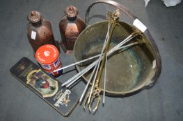 Large Brass Jam Pan, Two Candle Lamps and Fireside