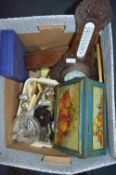 Box Containing Oak Barometer, Vintage Tin, Books a