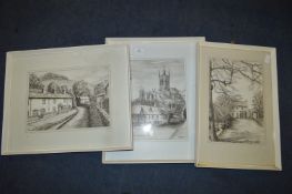 Three Framed Ink Drawings by D.Harwood - Roche Abb