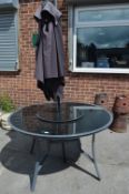 Grey Metal and Circular Glass Topped Garden Table