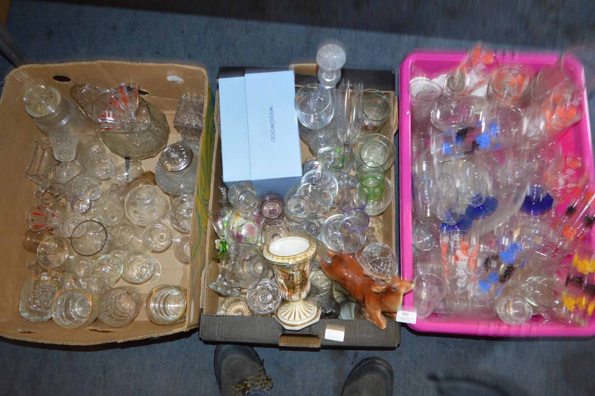 Three Boxes of Drinking Glassware, Jugs, Pottery,