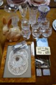 Drinking Glassware, Pottery Rabbit, Vintage Tin, L