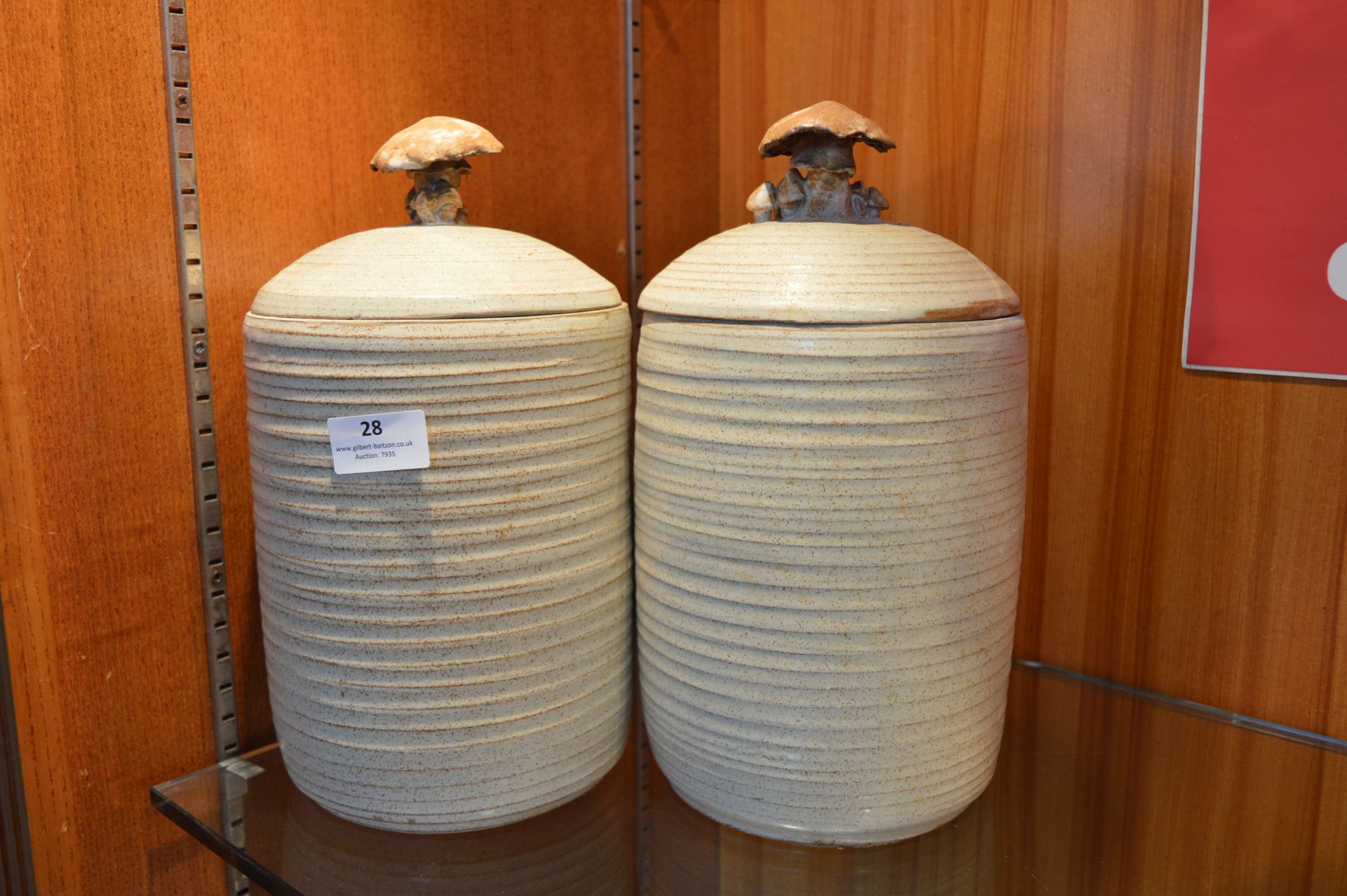 Pair of Stoneware Pottery Lidded Jars with Mushroo