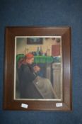 Framed Italian Oil Painting - Old Lady Sewing