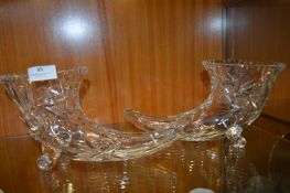 Pair of Lead Cut Crystal Glass Horn Shaped Vases