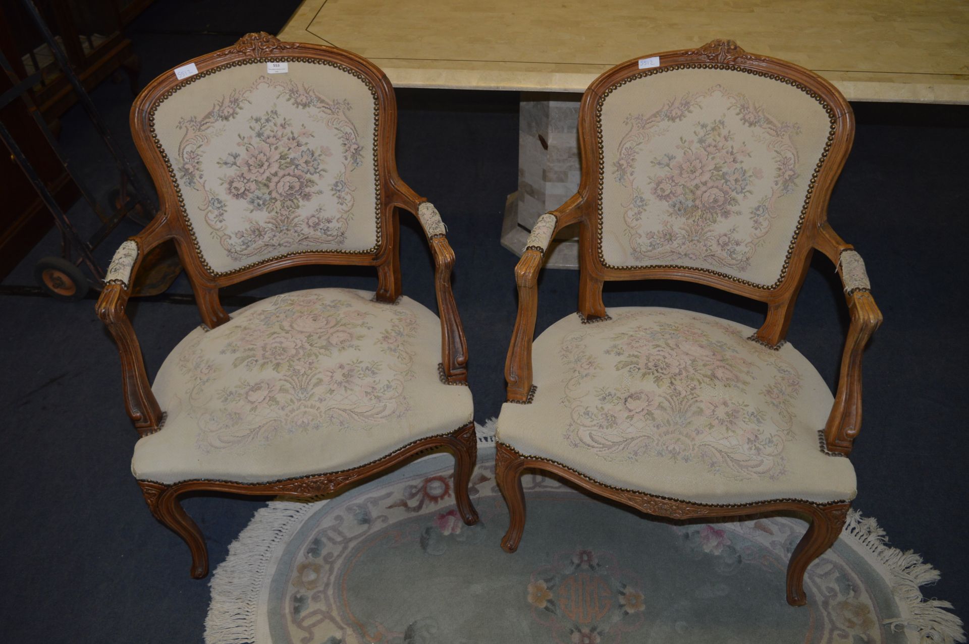 Pair of Walnut Framed Floral Upholstered Bedroom A