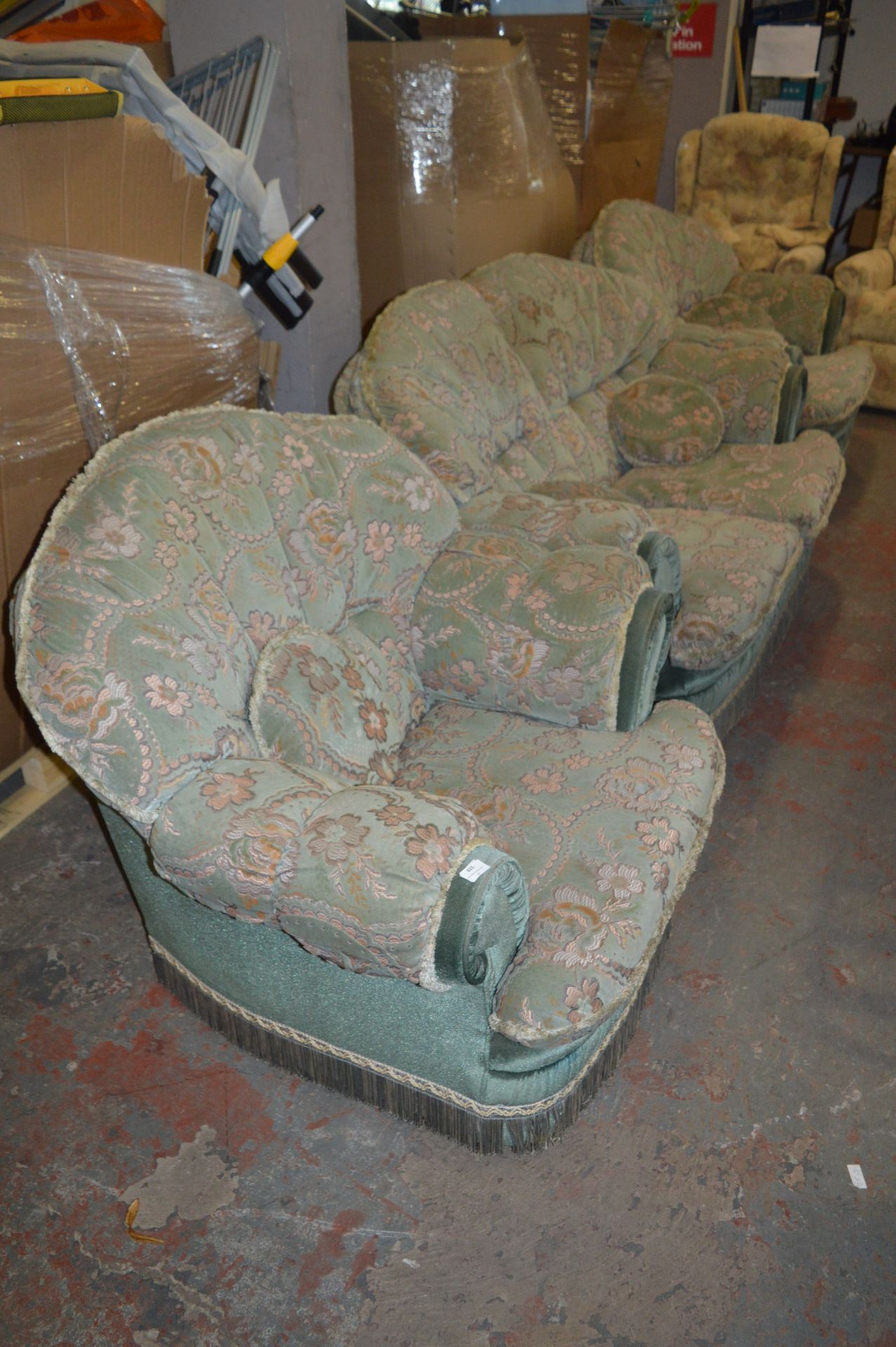 Green Floral Patterned Three Piece Suite; Two Seat