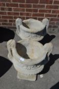 Pair of Reconstituted Limestone Garden Urns on Pli