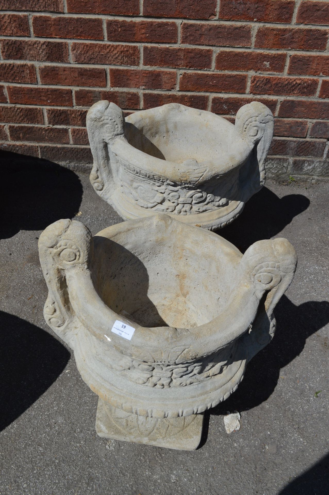 Pair of Reconstituted Limestone Garden Urns on Pli