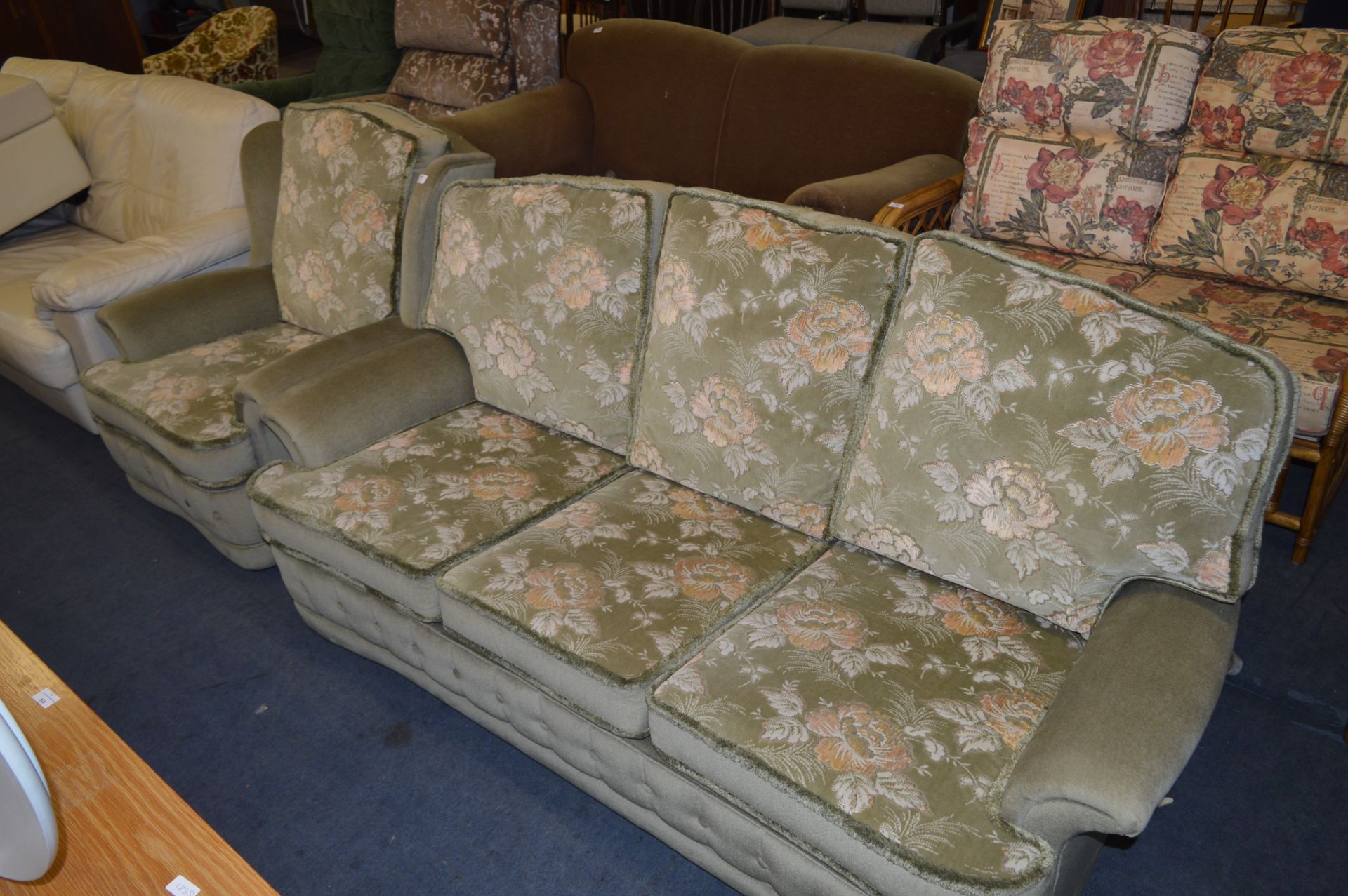 Green Floral Patterned Three Seat Sofa and Armchai