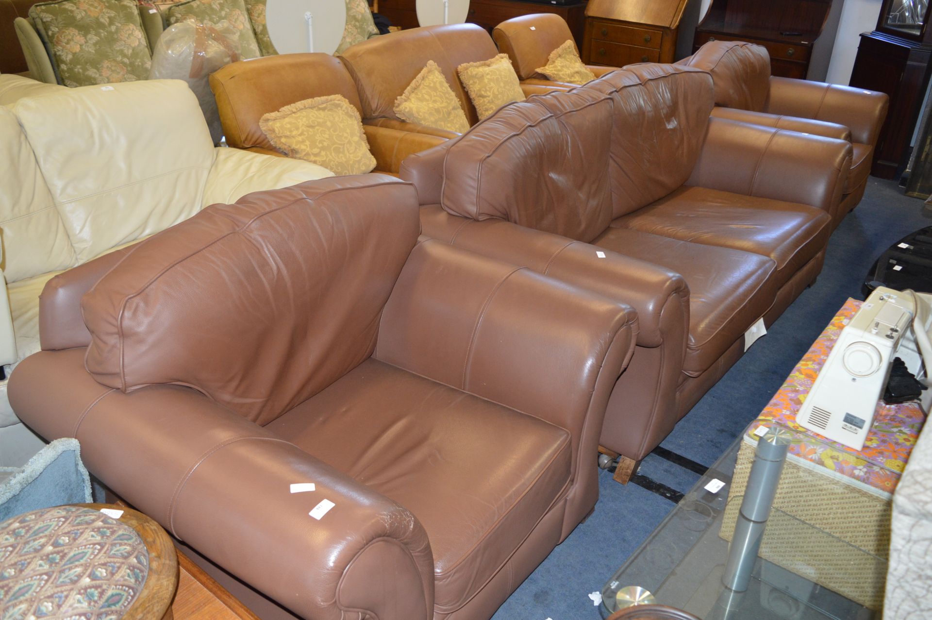 Brown Leather Effect Two Seat Sofa and Two Armchai