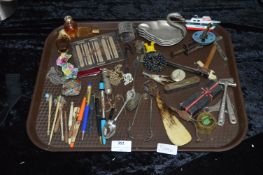 Tray Lot of Collectibles; Pens, Cutlery, Tin Plate