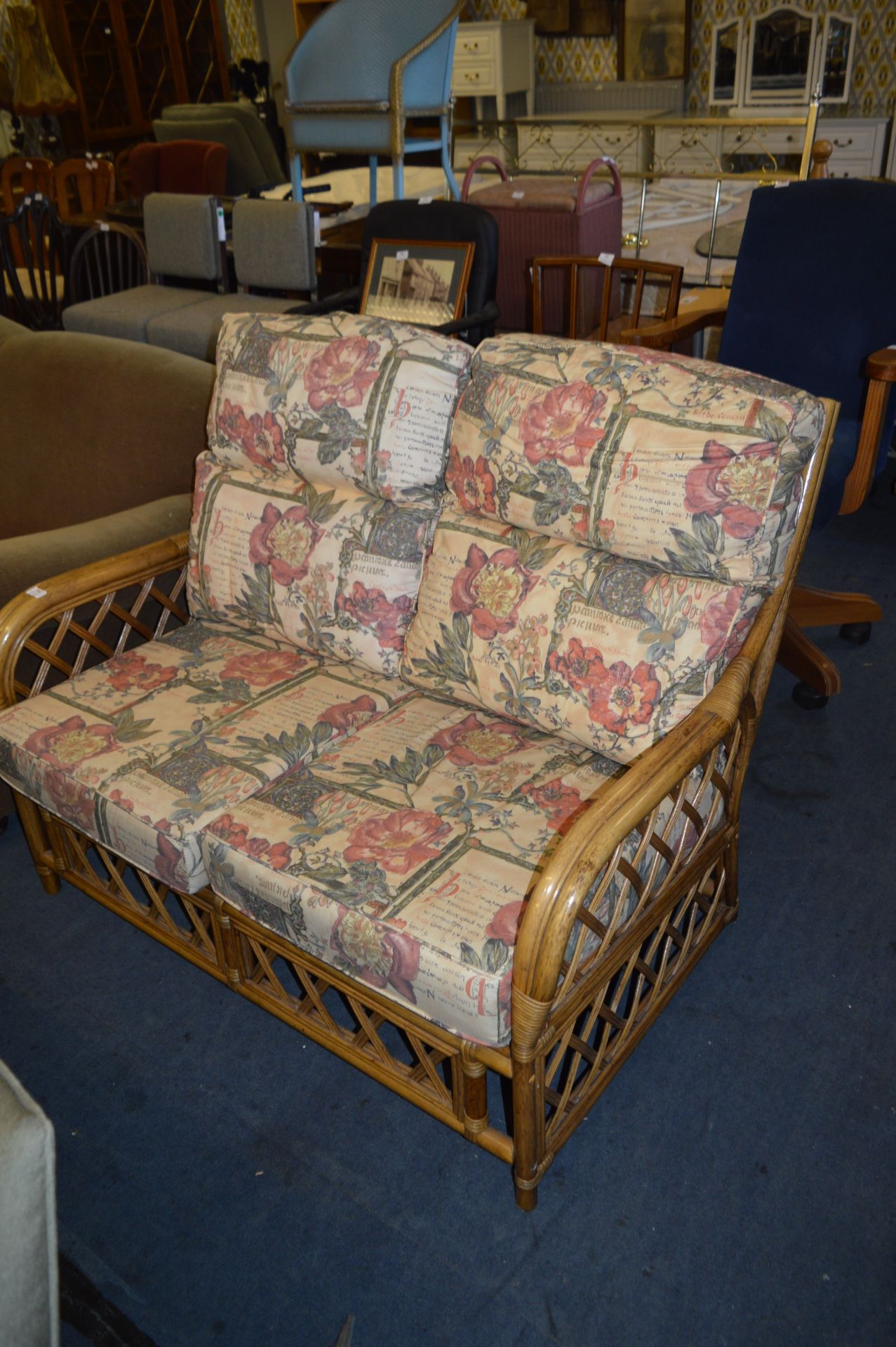 Cane Framed Floral Patterned Two Seat Conservatory