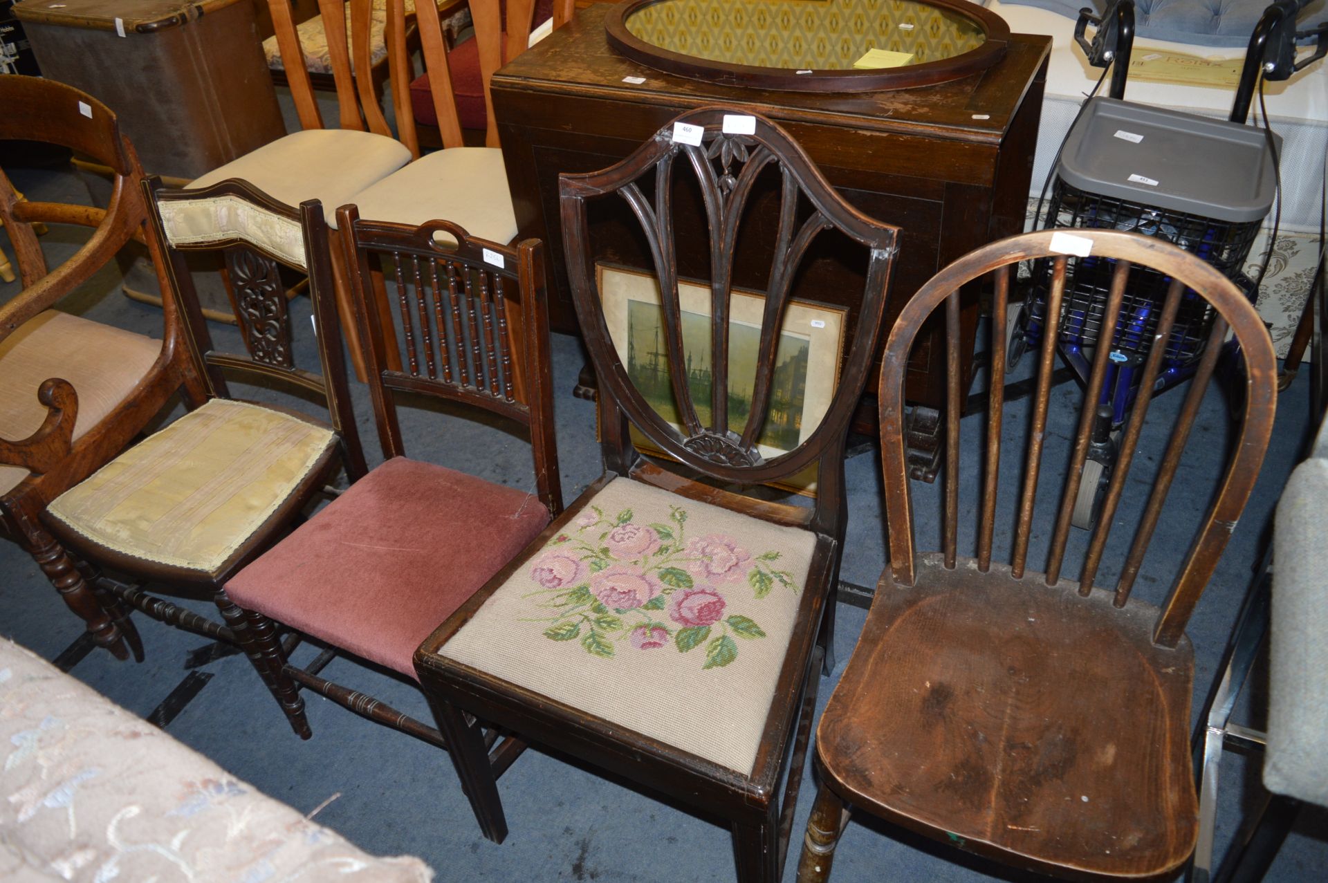 Four Assorted Antique Dining Chairs and Bedroom Ch