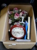 Box of Artificial Flowers, Wall Clock, Books, etc.