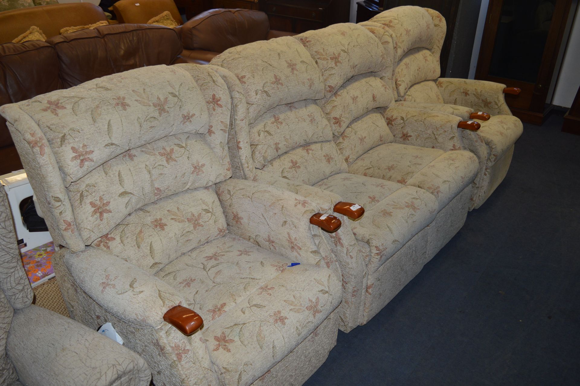 Brown Floral Pattern Highback Two Seat Sofa and Ar