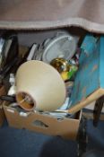 Box Containing Desk Fan, Table Lamp, Toys, Light Bulbs, etc.