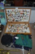 Box of Fly Fishing Hooks, Fishing Rod Bags, Priest