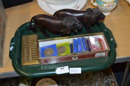 Pair of Carved Wood Lions, Commemorative Coins and