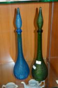 Two Tall Coloured Glass Decanters