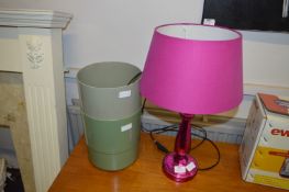 Pink Glass Table Lamp and Two Plastic Waste Bins
