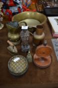 Brassware: Large Bowl, Indian Jug, Ornaments and a