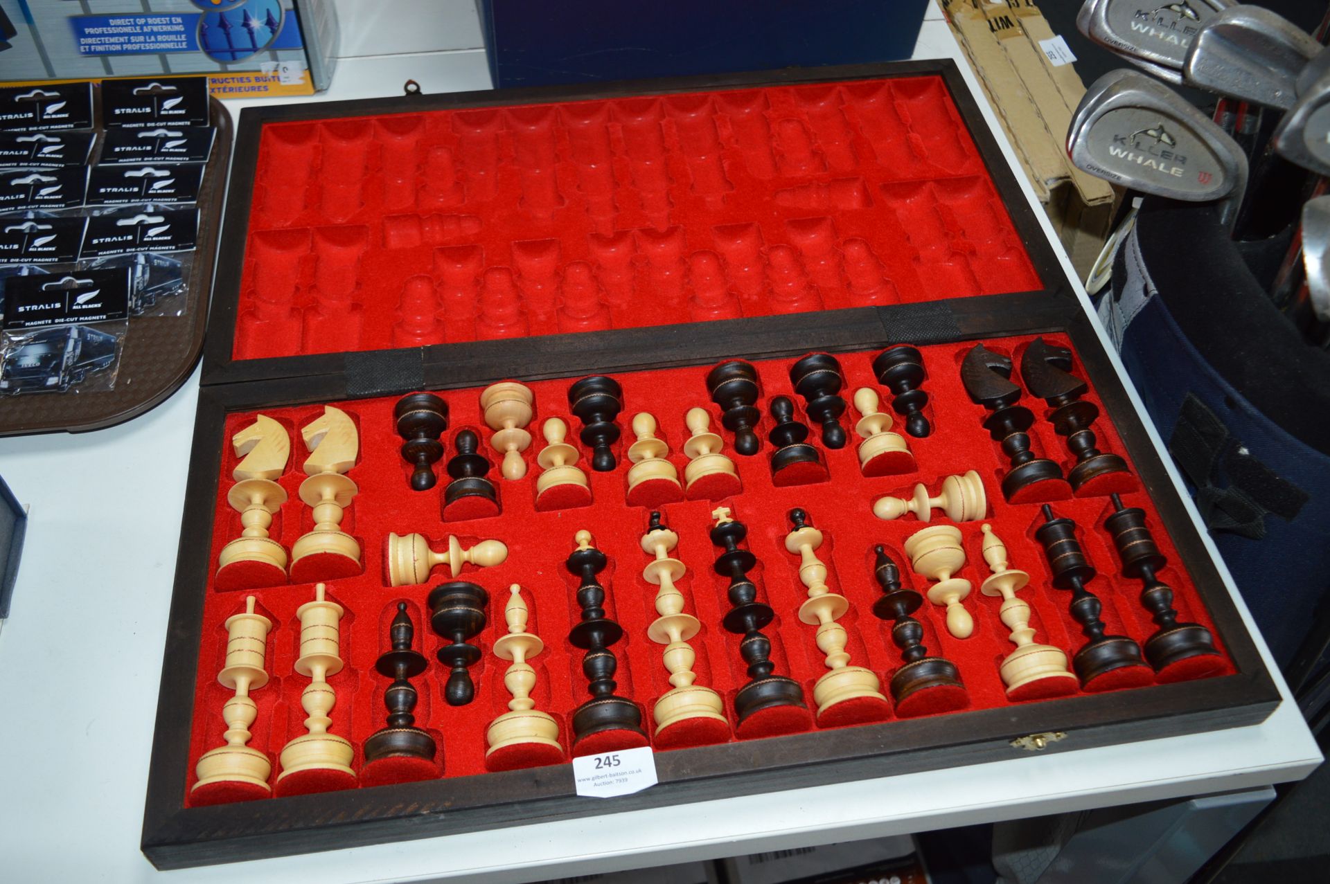 Chessboard Case and Carved Wood Chess Set