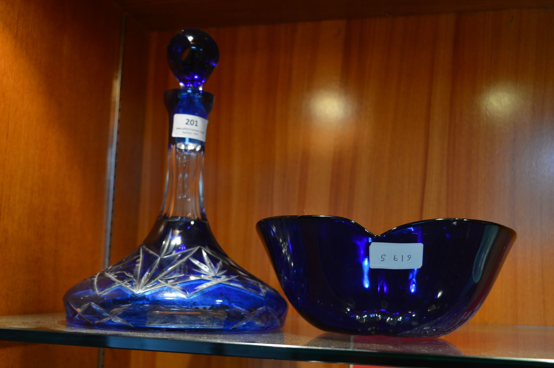 Blue Cut Glass Ship Decanter and Fruit Bowl