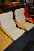 Pair of Ikea Beech Framed White Upholstered Armchairs