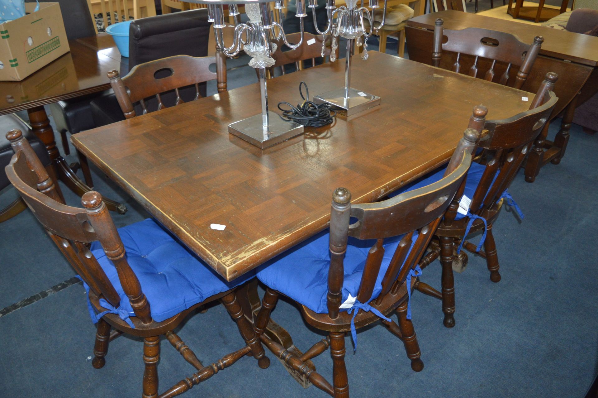 Oak Square Block Topped Refectory Table and Six Di