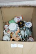 Box of Pottery Ornaments, Vases, Pin Dishes, etc.